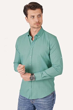 Mint Yeşili Yaka Düğmeli Keten Slimfit Gömlek