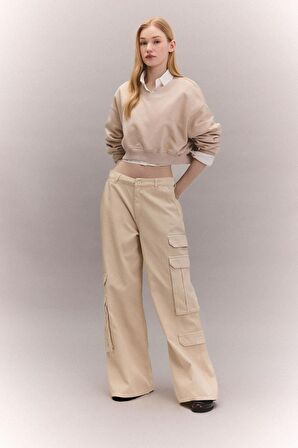 DeFacto Coool Basic Düz Wide Leg Geniş Bol Paça Pantolon Gabardin Kumaş Kargo Cepli C3890AX24SPBG702