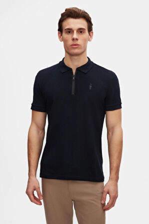 Twn Slim Fit Lacivert Pike Dokulu Yarım Fermuarlı Polo Yaka T-Shirt 4EC14ORTFRPLO