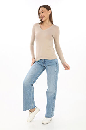 Yumuşak, Rahat ve Şık Viskon V Yaka Tişört-Bej