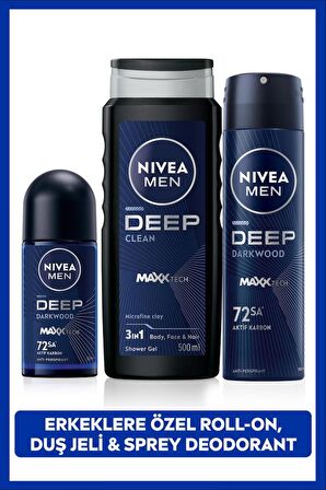 NIVEA MEN Erkek Deep Dimension Duş Jeli 500ml, Roll-on 50ml, Sprey Deodorant 150ml, 72Saat Anti-perspirant