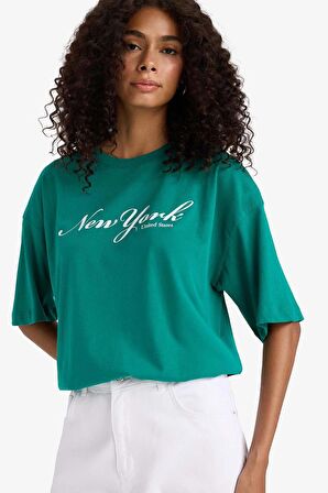 Regular Fit Bisiklet Yaka Slogan Baskılı Penye Kısa Kollu Tişört