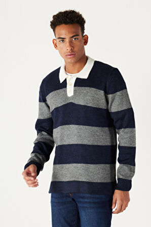 Erkek Lacivert-gri Standart Fit Normal Kesim Polo Yaka Çizgili Triko Kazak