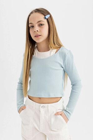 DeFacto Kız Çocuk Slim Fit Dar Kesim Bisiklet Yaka Fitilli Kaşkorse Uzun Kollu Tişört B7388A824SPBE506