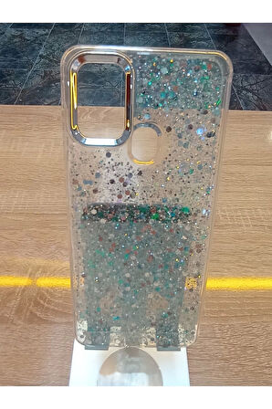 Samsung Galaxy A21S Uyumlu Simli Kamera Çerçevesi Metal Kapak Tuşları Metal Kılıf