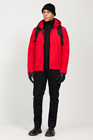 Erkek Kırmızı Standart Fit Normal Kesim Dik Yaka Softshell Mont