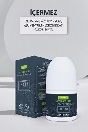 INCIA %100 Doğal Roll On Deodorant Erkekler İçin Ter Kokusu Önleyici Leke Yapmayan 50 ml