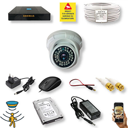1 Kameralı Set - Hareket Algılayan Gece Görüşlü 36 IR Led 5MP Sony Lensli 1080P Full HD Dome İç Mekan Güvenlik Kamerası Seti D136b