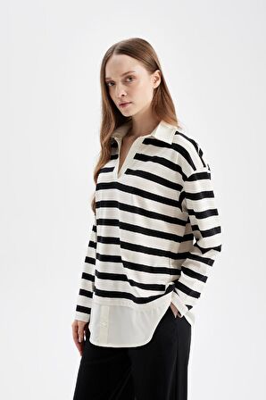 DeFacto Regular Fit Çizgili Polo Yaka Etek Ucu Detaylı Uzun Kollu Tişört Tunik D2183AX24AUBK81