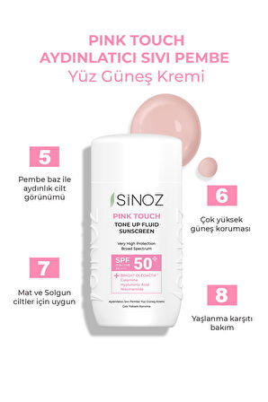 Sinoz Spf50 Pink Touch Aydınlatıcı Sıvı Yüz Güneş Kremi Yeni Nesil Güneş Filtreleri Hibrit Formül 50ml