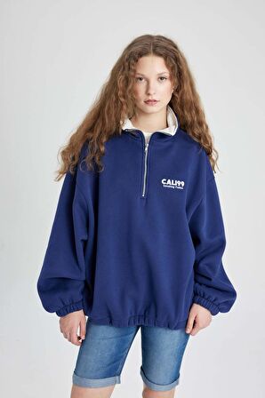 DeFacto Oversize Geniş Kalıp Yarım Fermuarlı Nakışlı Kalın Sweatshirt C4581AX24SMNV42
