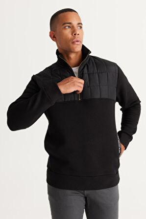 Erkek Siyah Standart Fit Normal Kesim Içi Polarlı 3 Iplik Bato Yaka Desenli Pamuklu Sweatshirt