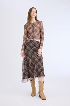 DeFacto Asimetrik Kareli Normal Bel Tül Midi Etek E4811AX25SPBN589