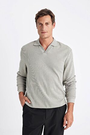 DeFacto Açık Haki Regular Fit Polo Yaka Jakarlı Triko Sweatshirt A9785AX24AUKH488