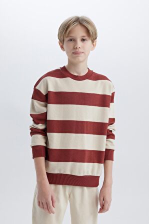 DeFacto Erkek Çocuk Oversize Geniş Kalıp Bisiklet Yaka Çizgili Sweatshirt D5677A824WNER37