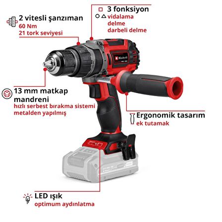 Einhell Professional Akülü Darbeli Vidalama TP-CD 18/60 Li-i BL Solo Power X-Change (Li-Ion, 18 V, kömürsüz motor, 60 Nm, 32.000 darbe/dk, akü ve şarj cihazı dahil değildir) - 4514205