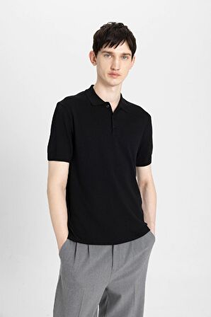 DeFacto Slim Fit Dar Kesim Kısa Kollu Basic Düz Siyah Triko Polo Tişört Y5369AZ24SMBK81