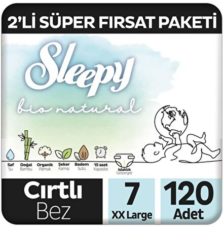 Sleepy Bio Natural Premium Plus 2'li Süper Fırsat Paketi Bebek Bezi 7 Numara Xxlarge 120 Adet