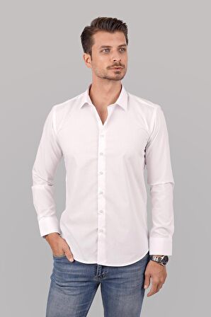 Kolay Ütülenebilir Dakron Düz Beyaz Slimfit Gömlek