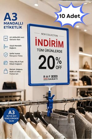 10 Adet - A3 Mandallı Fiyatlık | Etiketlik Sepet Raf Askılık Fiyat Etiketi Çerçeveli Market Mağaza Mavi