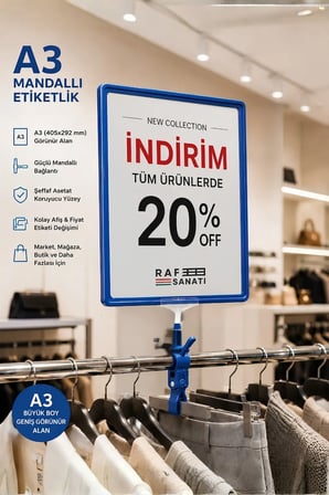 A3 Mandallı Fiyatlık | Etiketlik Sepet Raf Askılık Fiyat Etiketi Çerçeveli Market Mağaza Mavi