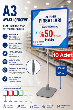 10 Adet - A3 Ayaklı Fiyat Etiketi Yönlendirme Levhası Teleskopik Çerçeve Seti Menü ve Fiyatlık Panosu Mavi