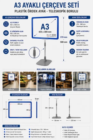 10 Adet - A3 Ayaklı Fiyat Etiketi Yönlendirme Levhası Teleskopik Çerçeve Seti Menü ve Fiyatlık Panosu Mavi