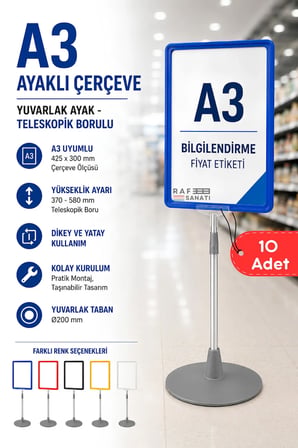 10 Adet - A3 Ayaklı Çerçeve Seti Yuvarlak Tabanlı Teleskopik Fiyat Etiketi Standı Mavi