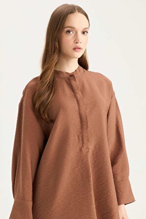 DeFacto Relax Fit Hakim Yaka Basic Düz Uzun Kollu Tesettür Gömlek Tunik E1757AX25SPBN519