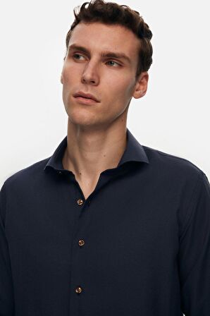 Ds Damat Slim Fit Lacivert İtalyan Yaka Kahverengi Düğmeli Gömlek 2HF02ORT3185