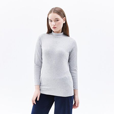 Kadın Dik Yakalı Fitilli Uzun Kollu Tişört