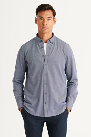 Erkek Lacivert Slim Fit Dar Kesim Düğmeli Yaka Pike Desenli Örme Gömlek