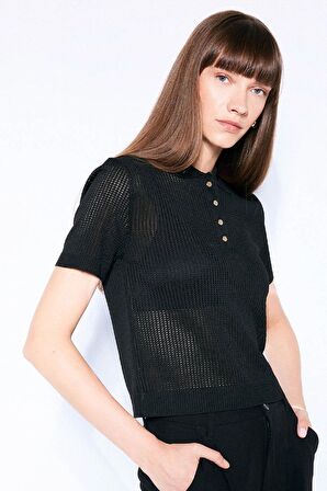 DeFacto Regular Fit Ajurlu Polo Yaka Kısa Kollu Siyah Triko Kazak D4161AX24AUBK27