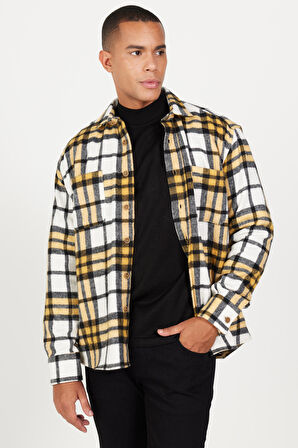 Erkek Hardal-sıyah Oversize Bol Kesim Düğmeli Yaka Cepli Ekose Desenli Oduncu Gömlek Ceket