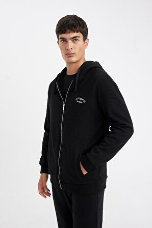 DeFacto Siyah Relax Fit Kapüşonlu Waffle Baskılı Cepli Fermuarlı Sweatshirt D2629AX24AUBK81