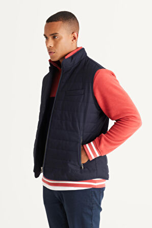 Erkek Lacivert Standart Fit Normal Kesim Dik Yaka Pamuklu Diagonal Desenli Yelek