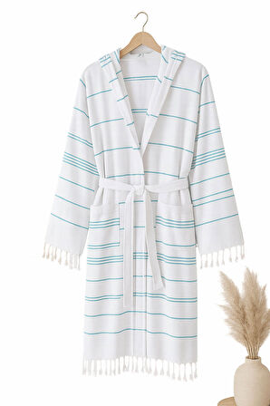 Kapşonlu Unisex Beyaz Çizgili Banyo Deniz Plaj Peştemal Bornozu %100 Pamuklu