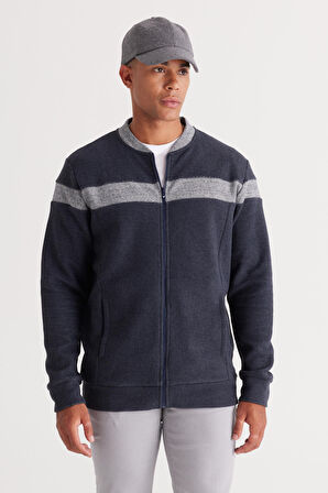 Erkek Indigo Melanj Oversize Fit Bol Kesim Içi Polarlı 3 Iplik Kolej Yaka Pamuklu Sweatshirt Ceket