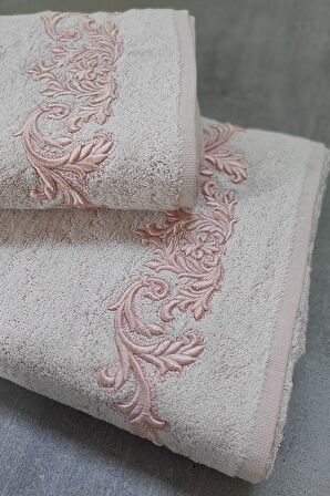 Sevim Bambu Yumuşak & Su Emici Tivoli Cloé Havlu - Pudra Rengi Nakışlı Havlu Modelleri - 2'li Set