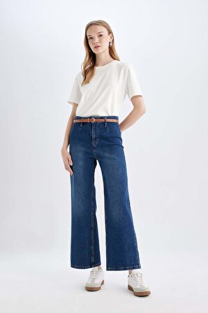 DeFacto Culotte Yüksek Bel Kısa Geniş Paça Kemerli Jean Yıkamalı Pantolon D4325AX24AUNM28
