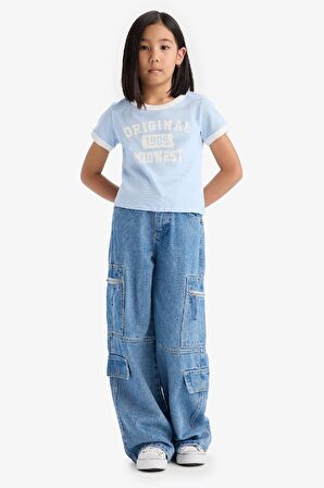 Kız Çocuk Slim Fit Dar Kesim Bisiklet Yaka Baskılı Fitilli Kaşkorse Kısa Kollu Tişört