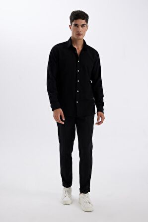 DeFacto Siyah Modern Fit Modern Kesim Polo Yaka Düz Pamuklu Uzun Kollu Gömlek D1629AX24AUBK81
