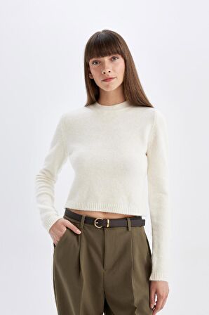 DeFacto Regular Fit Bisiklet Yaka Premium Basic Düz Crop Triko Kazak C9047AX24WNER99