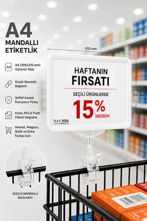 A4 Mandallı Fiyatlık | Etiketlik Sepet Raf Askılık Fiyat Etiketi Çerçeveli Market Mağaza Beyaz