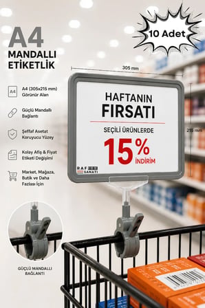 10 Adet - A4 Mandallı Fiyatlık | Etiketlik Sepet Raf Askılık Fiyat Etiketi Çerçeveli Market Mağaza Gri