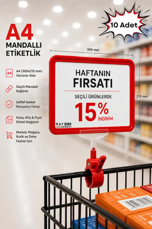 10 Adet - A4 Mandallı Fiyatlık | Etiketlik Sepet Raf Askılık Fiyat Etiketi Çerçeveli Market Mağaza Kırmızı