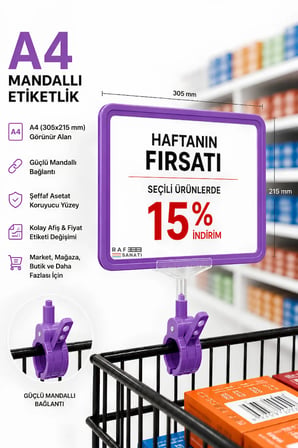 A4 Mandallı Fiyatlık | Etiketlik Sepet Raf Askılık Fiyat Etiketi Çerçeveli Market Mağaza Mor