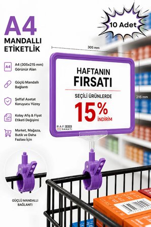 10 Adet - A4 Mandallı Fiyatlık | Etiketlik Sepet Raf Askılık Fiyat Etiketi Çerçeveli Market Mağaza Mor