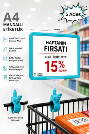 5 Adet - A4 Mandallı Fiyatlık | Etiketlik Sepet Raf Askılık Fiyat Etiketi Çerçeveli Market Mağaza Turkuaz