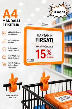 10 Adet - A4 Mandallı Fiyatlık | Etiketlik Sepet Raf Askılık Fiyat Etiketi Çerçeveli Market Mağaza Turuncu